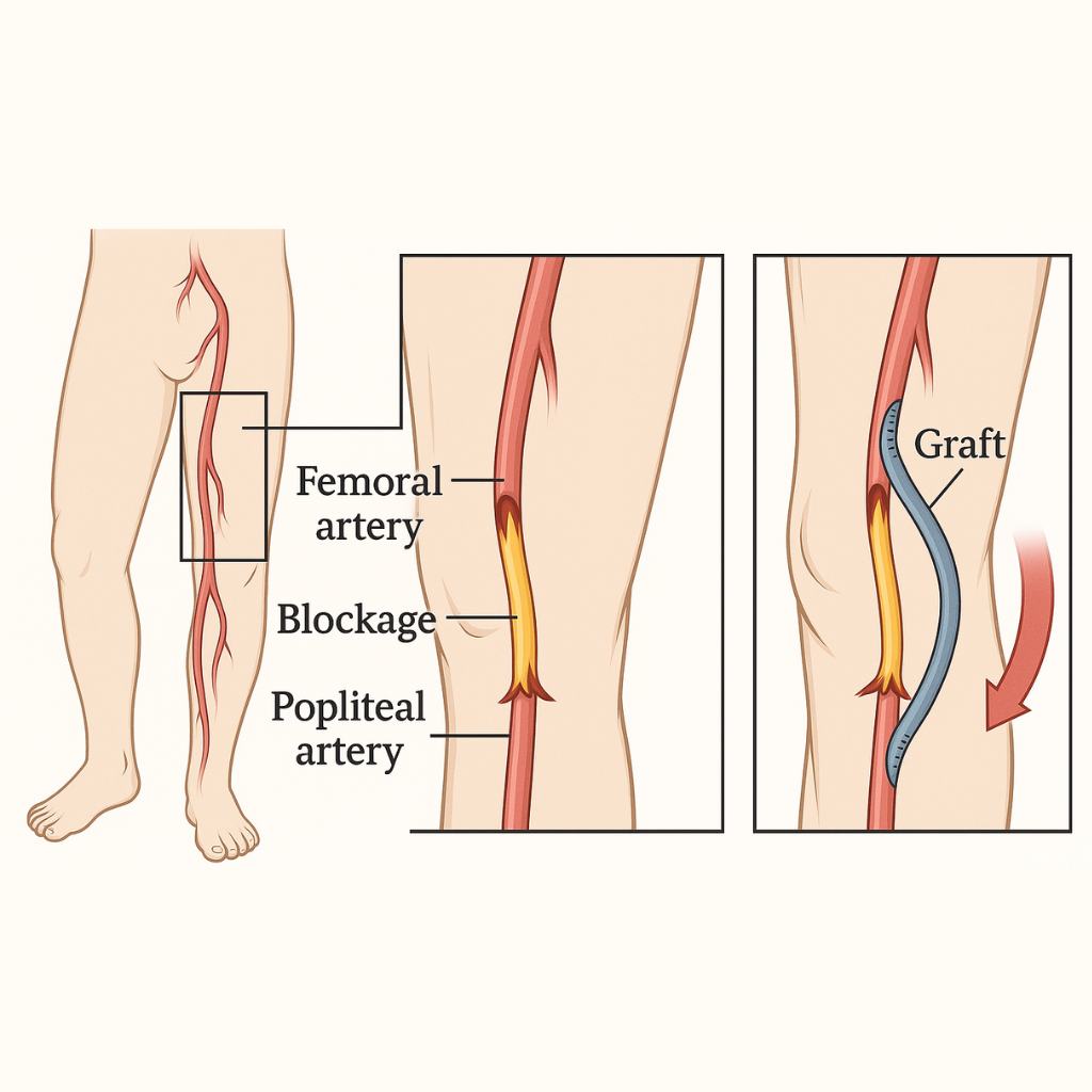 Peripheral bypass surgery goes around the blockage to create a new path for blood flow